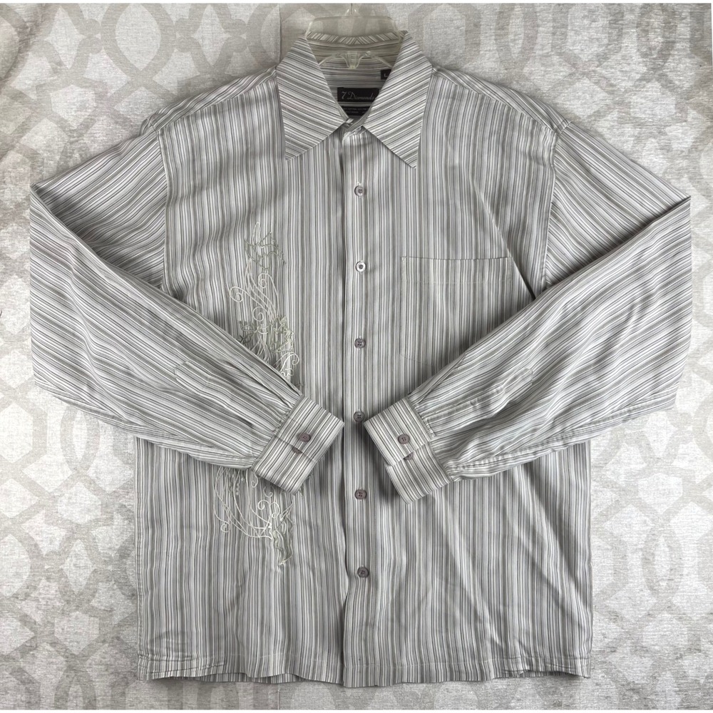 7 Diamonds Button Down Shirt Mens L‎ Gray Striped Embroidered Long Sleeve Cotton